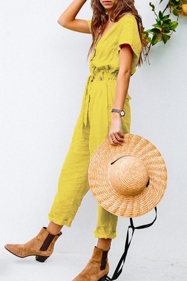 Fashion Casual Solid With Belt V Neck Loose Jumpsuits