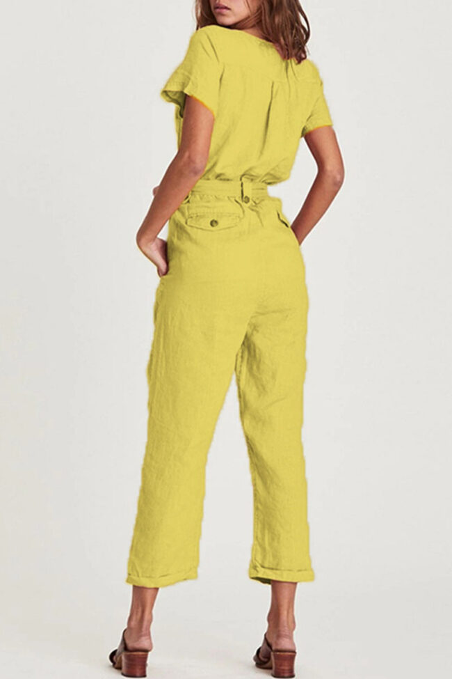 Fashion Casual Solid With Belt V Neck Loose Jumpsuits