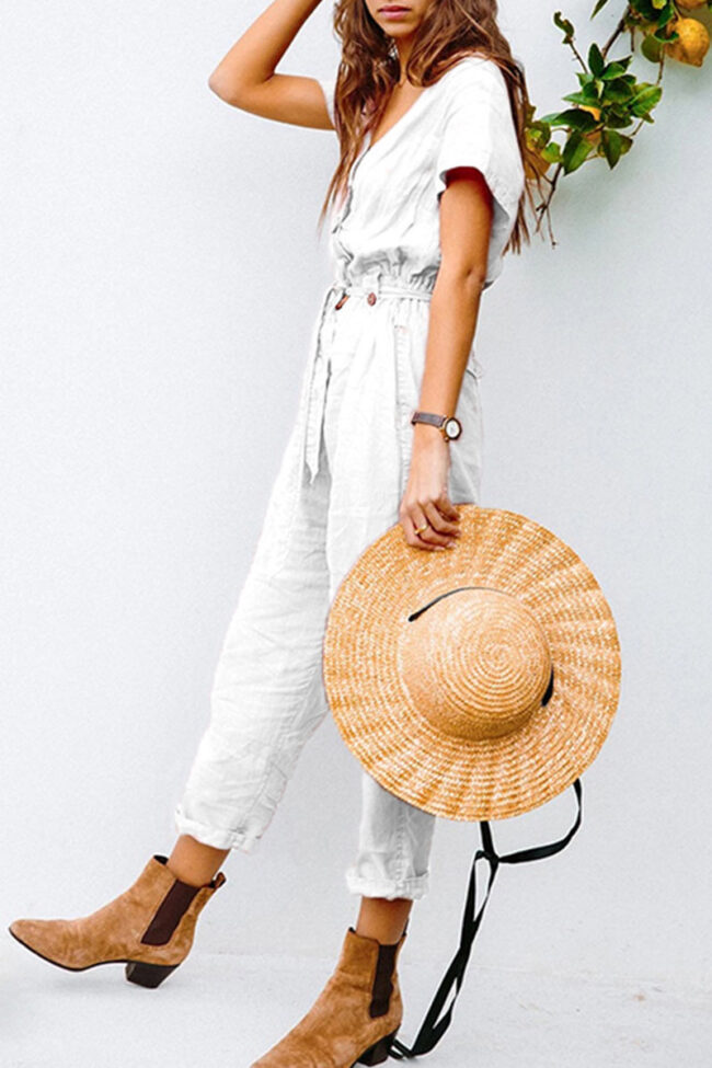 Fashion Casual Solid With Belt V Neck Loose Jumpsuits