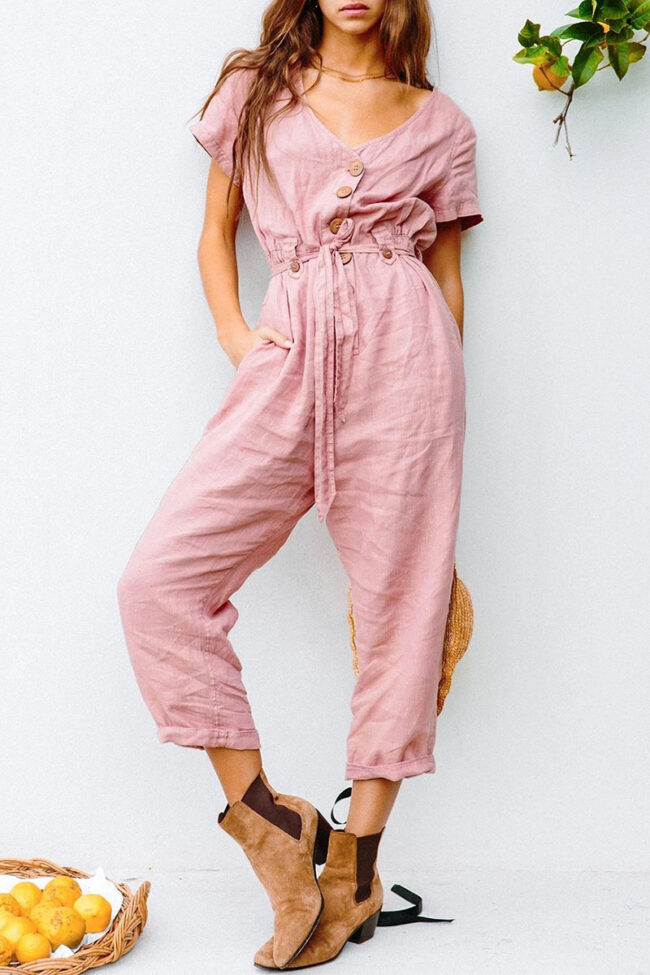 Fashion Casual Solid With Belt V Neck Loose Jumpsuits