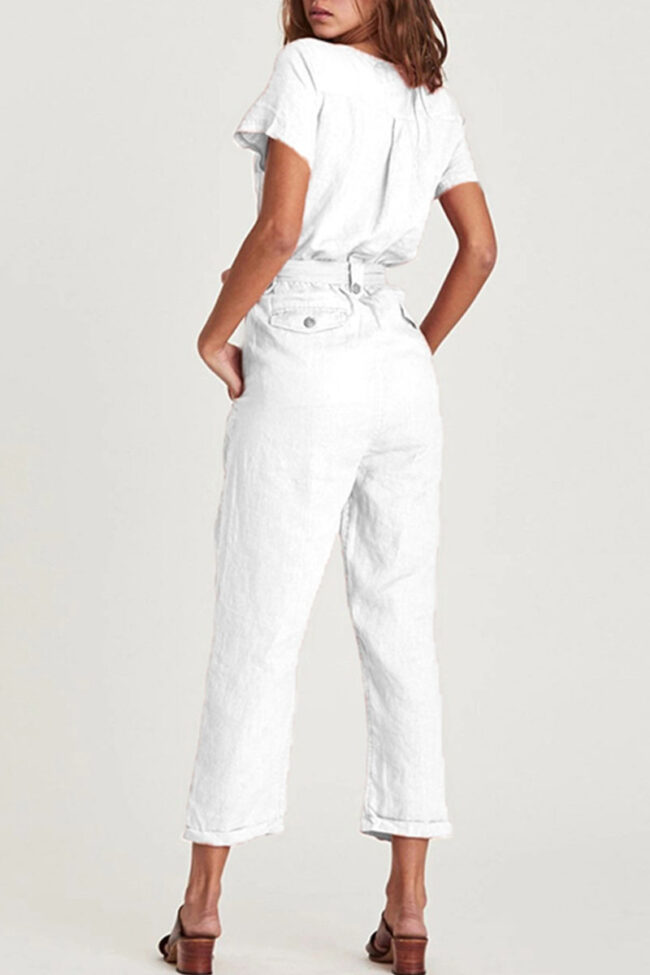 Fashion Casual Solid With Belt V Neck Loose Jumpsuits