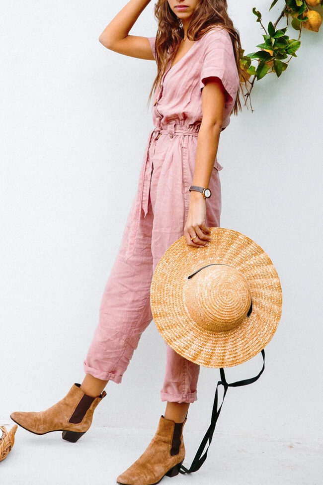 Fashion Casual Solid With Belt V Neck Loose Jumpsuits