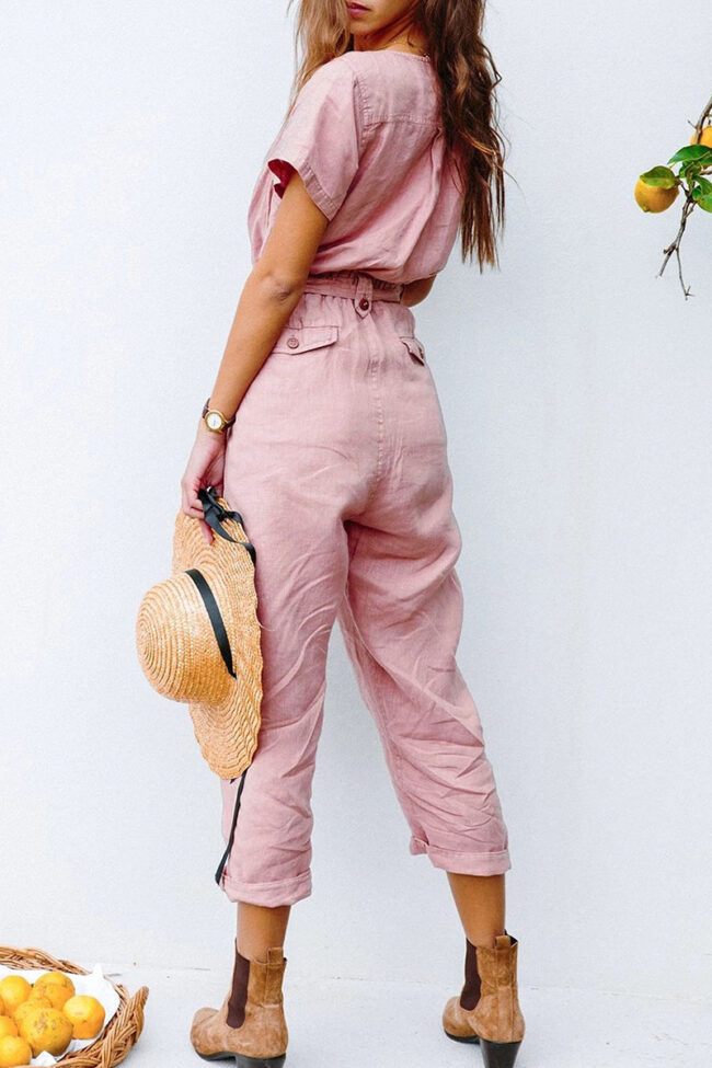 Fashion Casual Solid With Belt V Neck Loose Jumpsuits