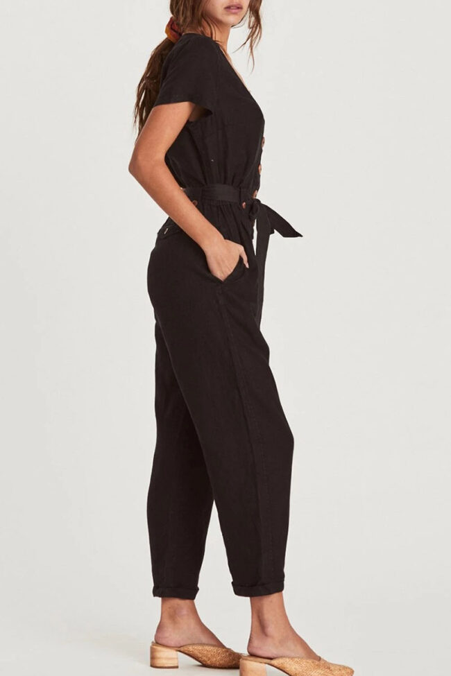 Fashion Casual Solid With Belt V Neck Loose Jumpsuits