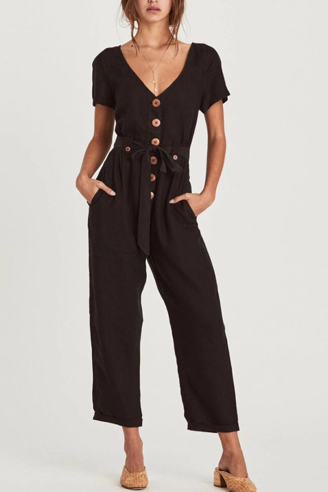 Fashion Casual Solid With Belt V Neck Loose Jumpsuits