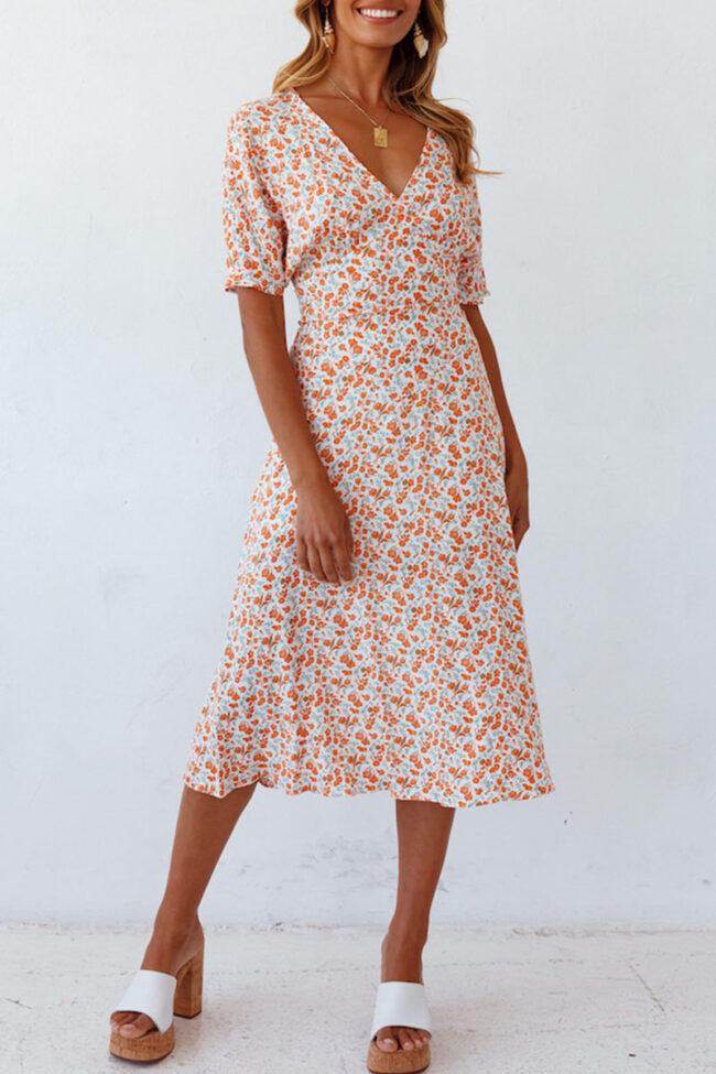 Fashion Sweet Print V Neck Waist Skirt Dresses