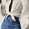 Fashion Street Solid Embroidered Turndown Collar Tops