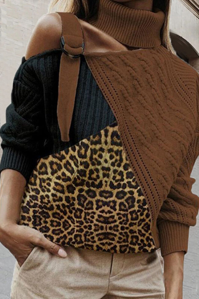 Fashion Street Leopard Split Joint Turtleneck Tops