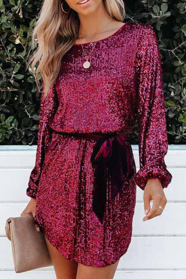 Fashion Street Solid Sequins Frenulum O Neck A Line Dresses