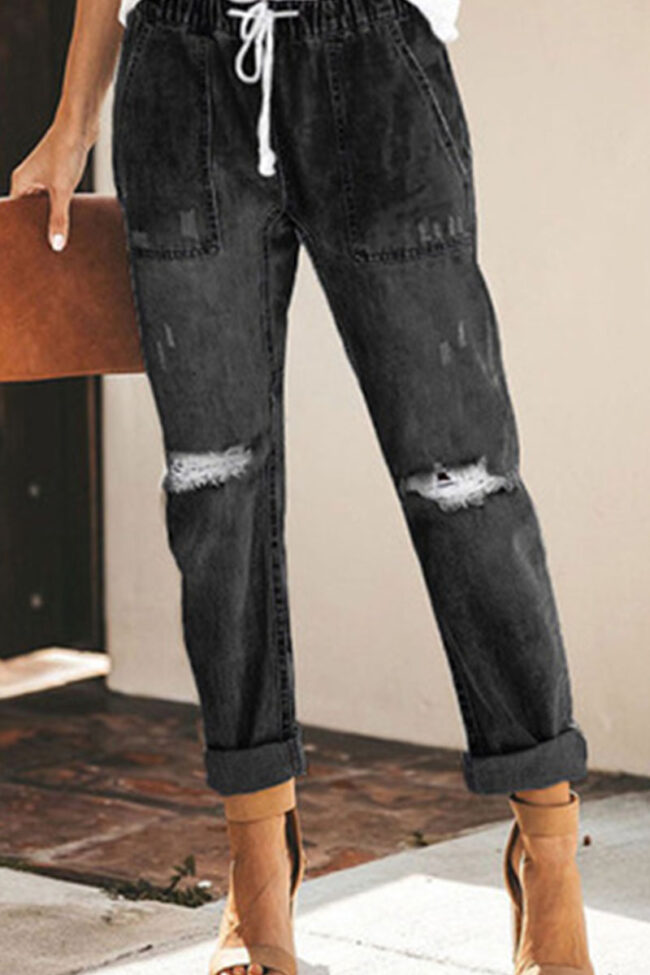 Fashion Sexy Solid Ripped Straight Denim