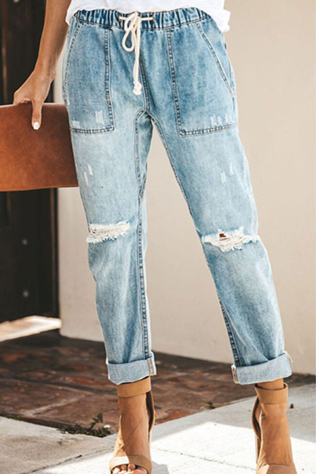 Fashion Sexy Solid Ripped Straight Denim