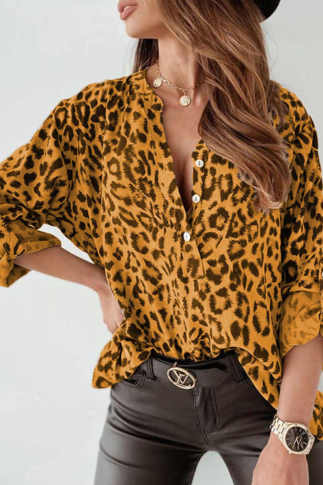 Fashion Street Leopard Split Joint Mandarin Collar Tops