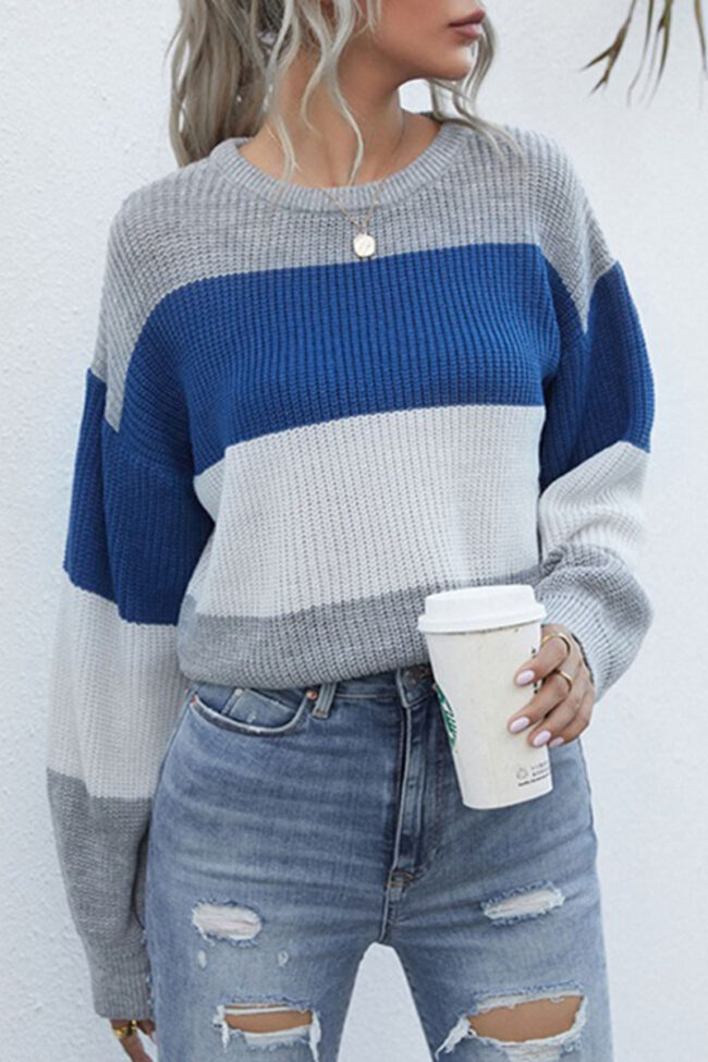 Fashion Street Striped Split Joint O Neck Tops