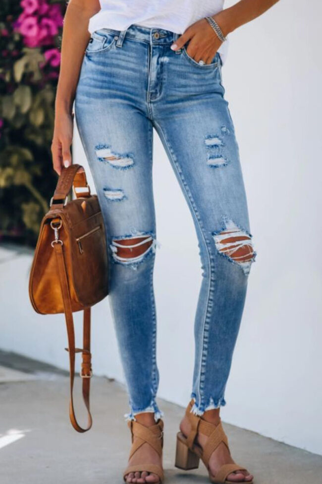 Fashion Street Solid Ripped Mid Waist Skinny Denim