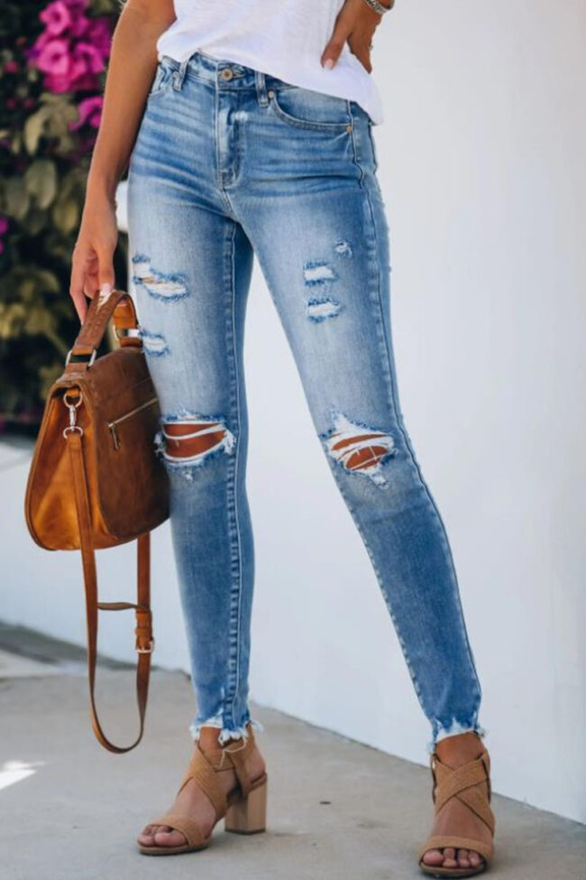 Fashion Street Solid Ripped Mid Waist Skinny Denim