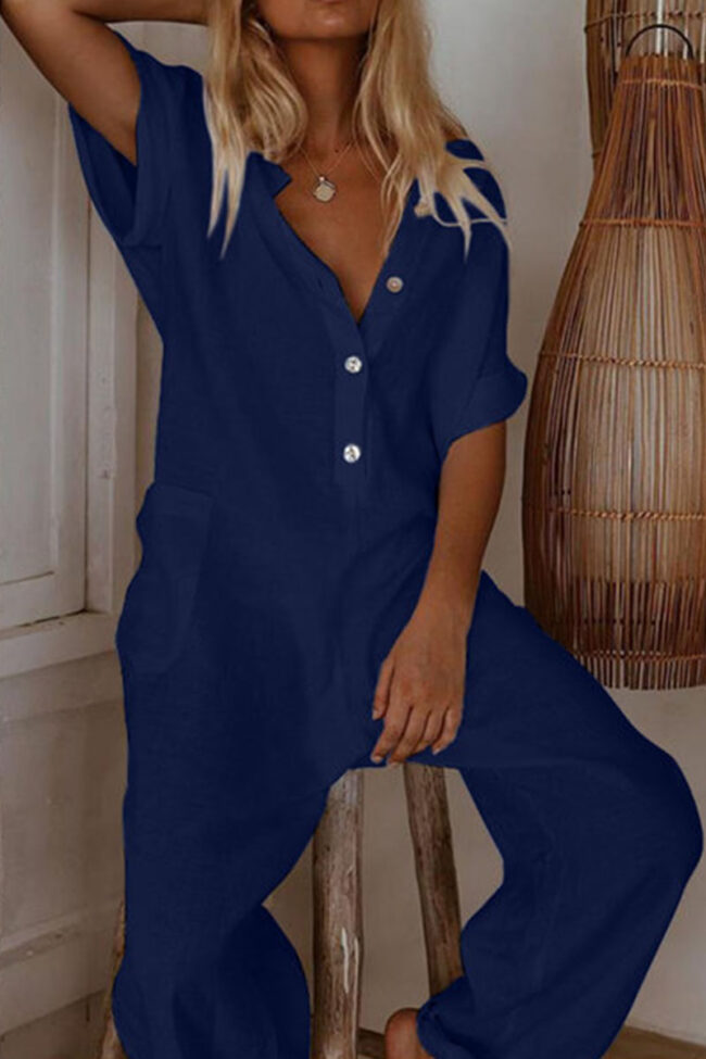 Fashion Casual Solid V Neck Loose Jumpsuits