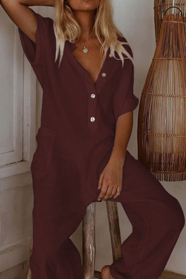 Fashion Casual Solid V Neck Loose Jumpsuits