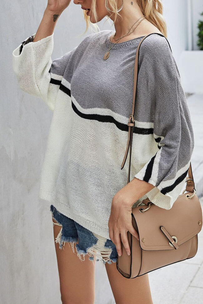 Fashion Street Striped Split Joint O Neck Tops