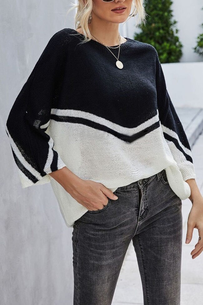 Fashion Street Striped Split Joint O Neck Tops