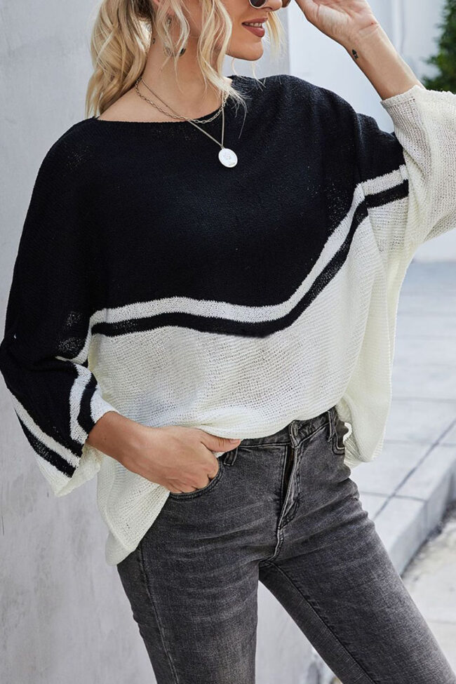 Fashion Street Striped Split Joint O Neck Tops