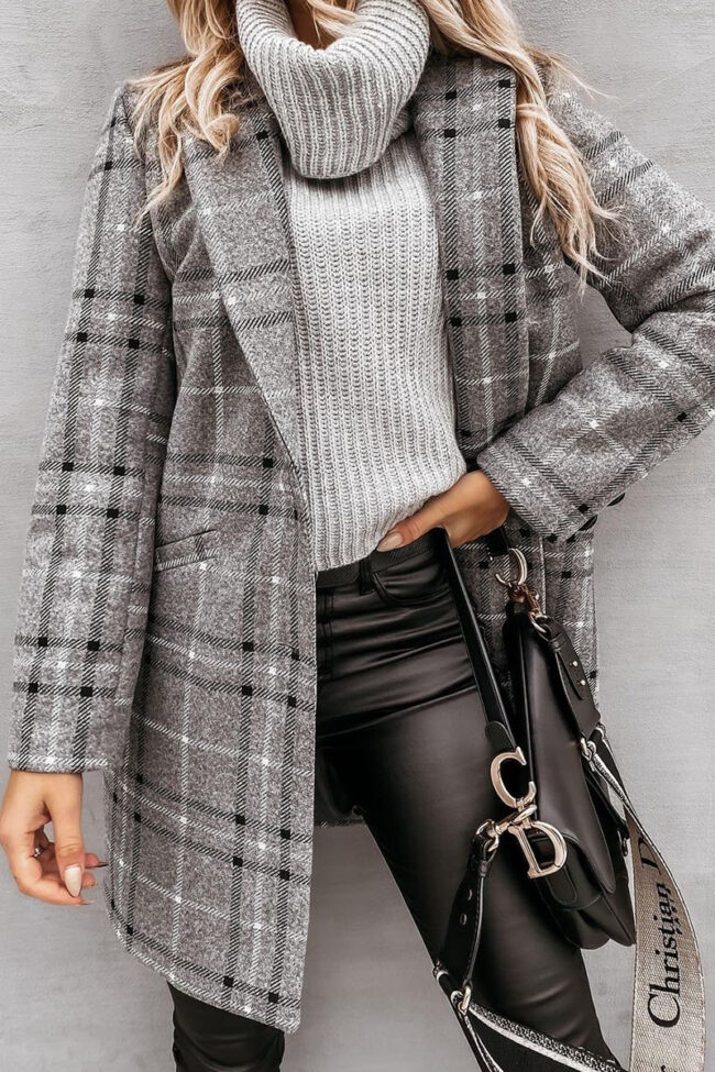 Fashion Street Plaid Split Joint Turn-back Collar Outerwear