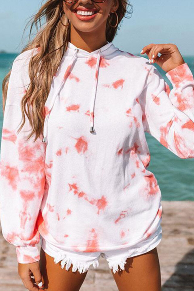 Fashion Casual Print Split Joint Tie-dye Hooded Collar Tops