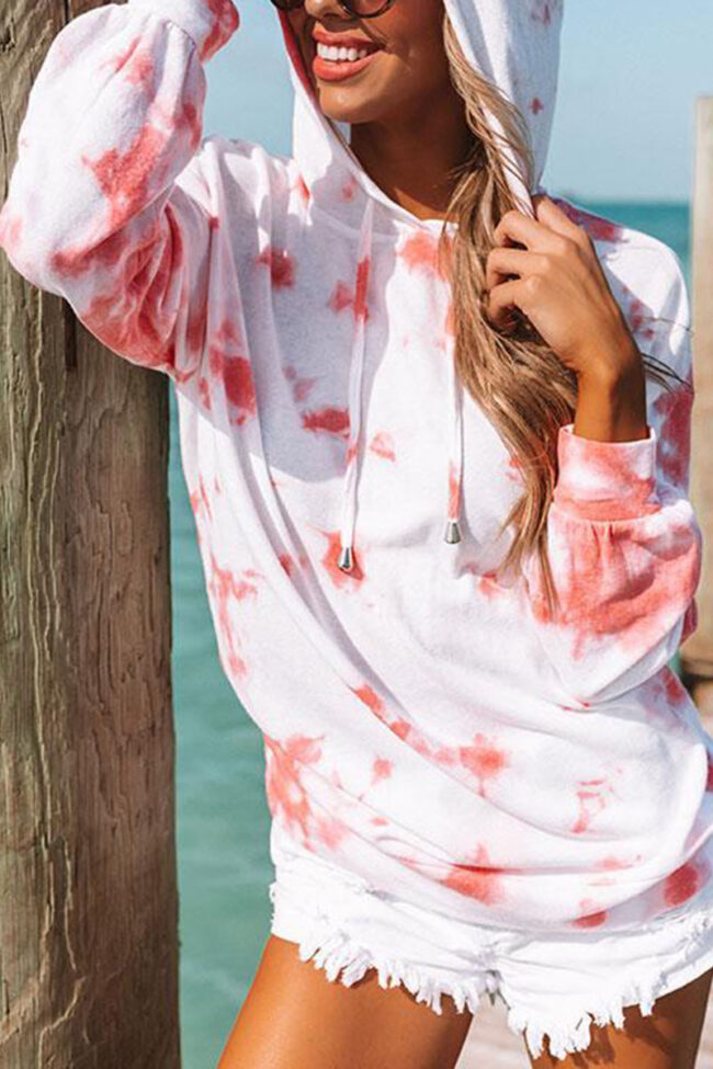 Fashion Casual Print Split Joint Tie-dye Hooded Collar Tops