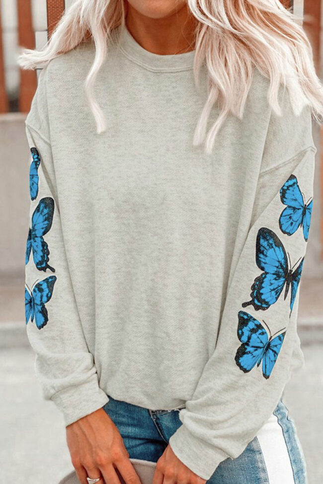 Fashion Street Butterfly Print Split Joint O Neck Tops