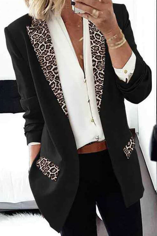 Fashion Casual Leopard Split Joint Turn-back Collar Outerwear