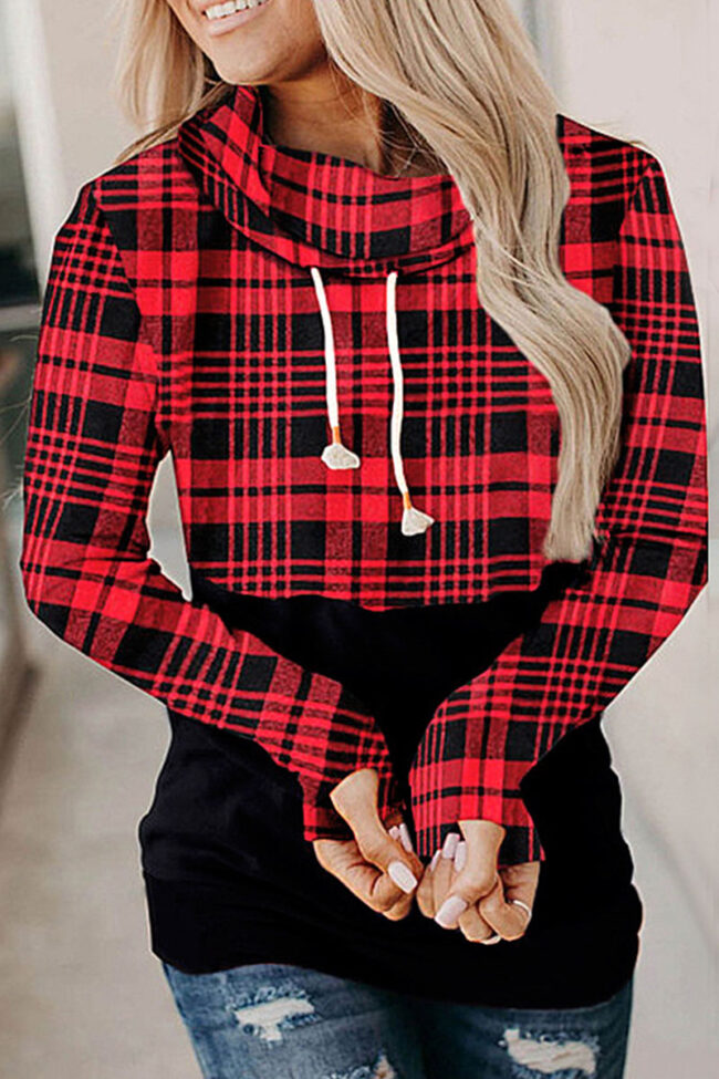 Fashion Casual Plaid Split Joint Hooded Collar Tops