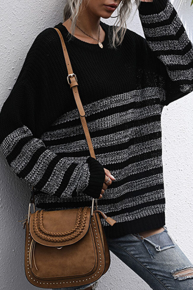 Fashion Street Striped Split Joint O Neck Tops