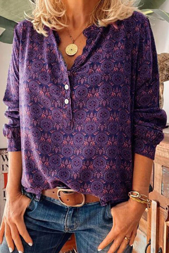 Fashion Casual Print V Neck Tops