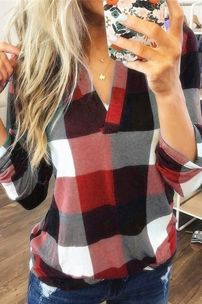 Casual Plaid Striped Print Split Joint V Neck Mid Waist Tops