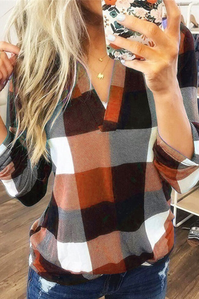 Casual Plaid Striped Print Split Joint V Neck Mid Waist Tops