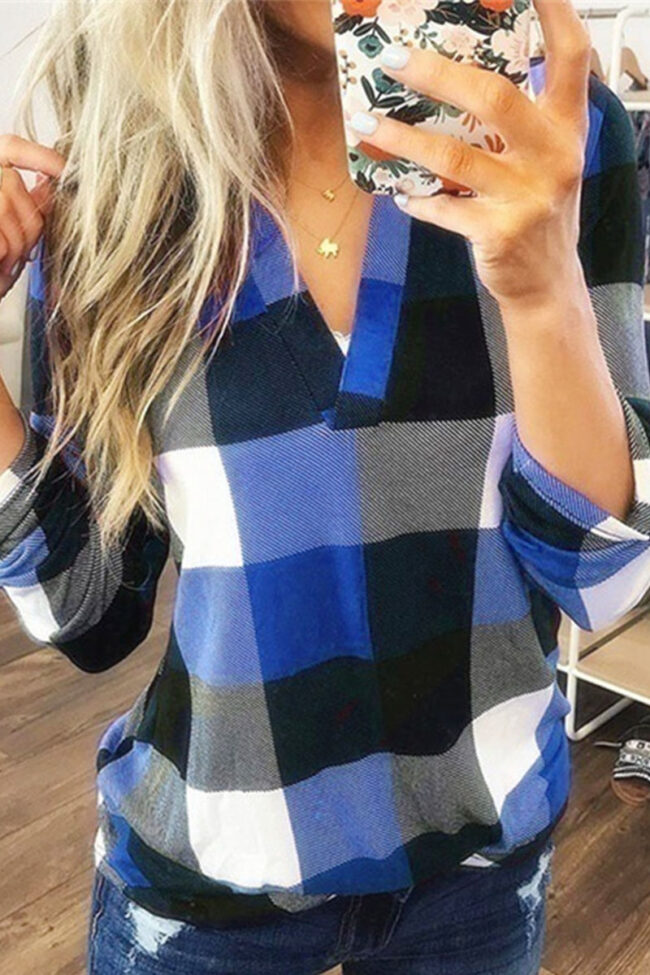 Casual Plaid Striped Print Split Joint V Neck Mid Waist Tops