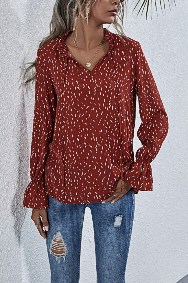 Fashion Casual Print Split Joint V Neck Tops