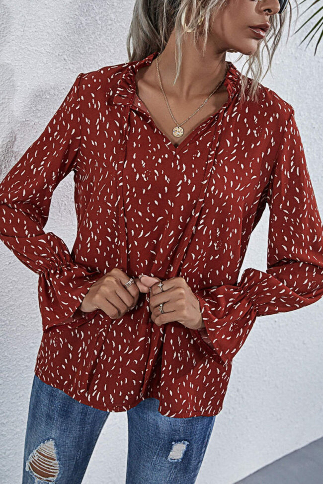 Fashion Casual Print Split Joint V Neck Tops