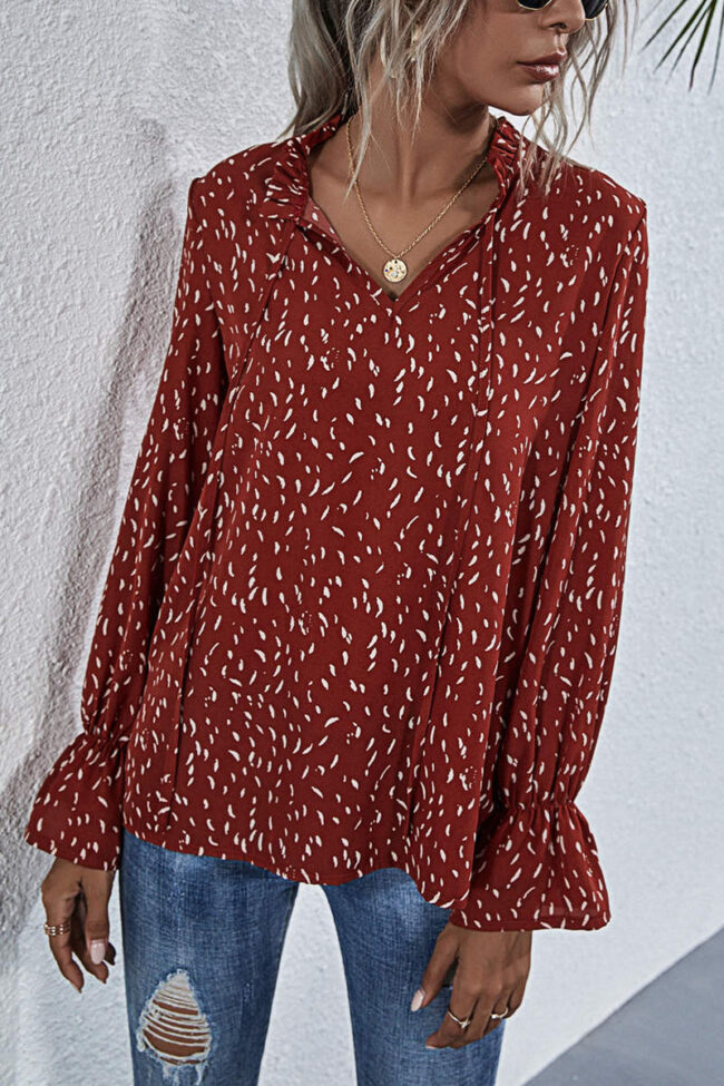 Fashion Casual Print Split Joint V Neck Tops