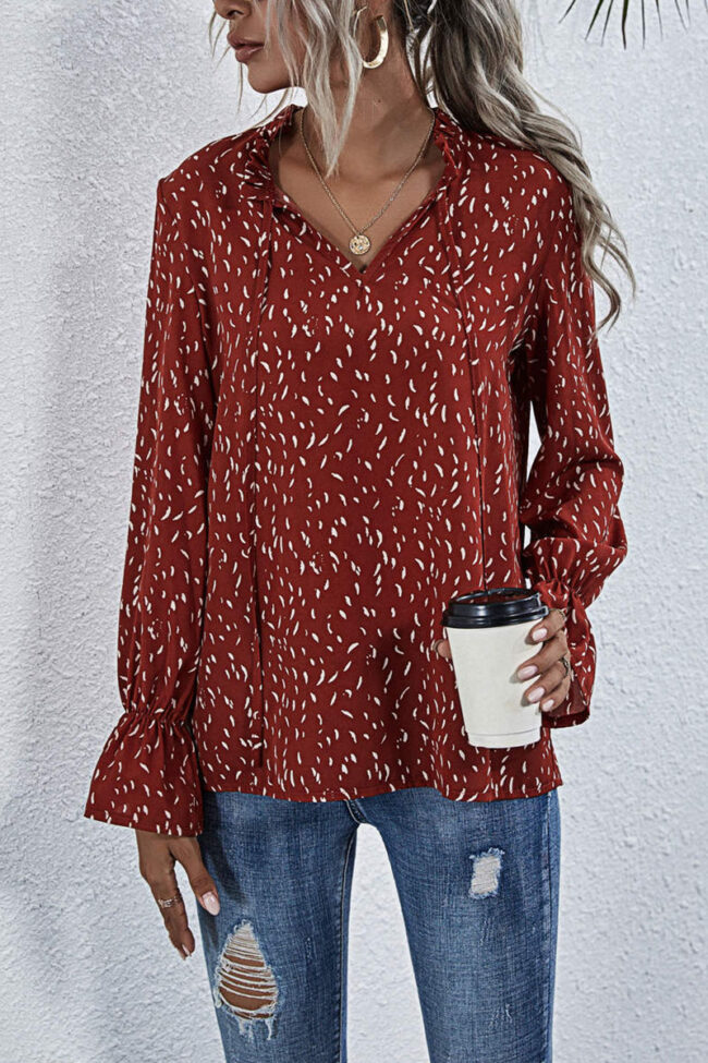 Fashion Casual Print Split Joint V Neck Tops