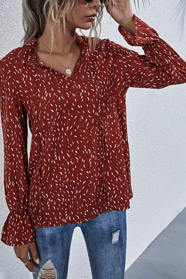 Fashion Casual Print Split Joint V Neck Tops