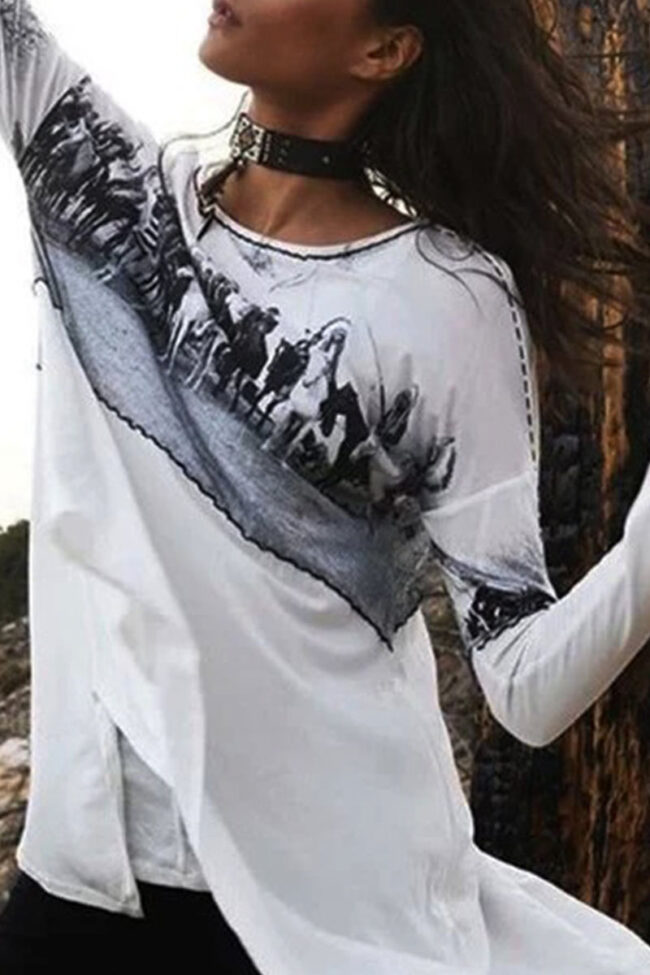 Fashion Street Print Asymmetrical O Neck Tops