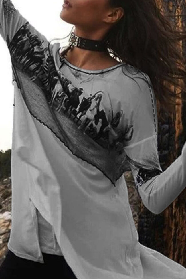 Fashion Street Print Asymmetrical O Neck Tops