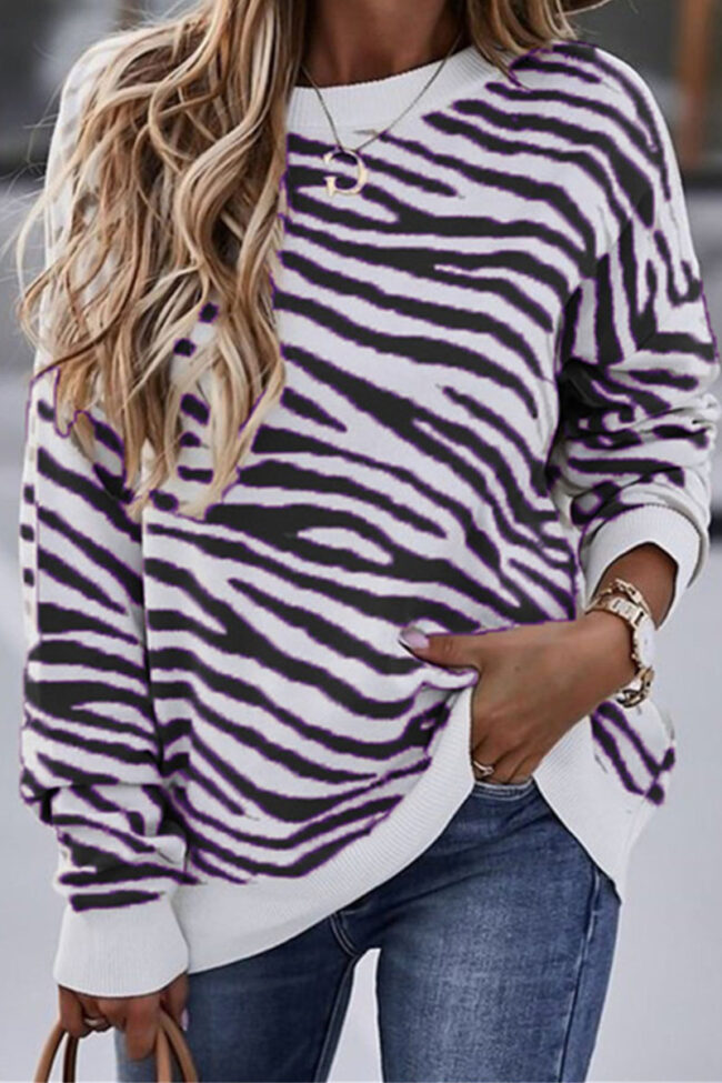 Fashion Casual Print Split Joint O Neck Tops