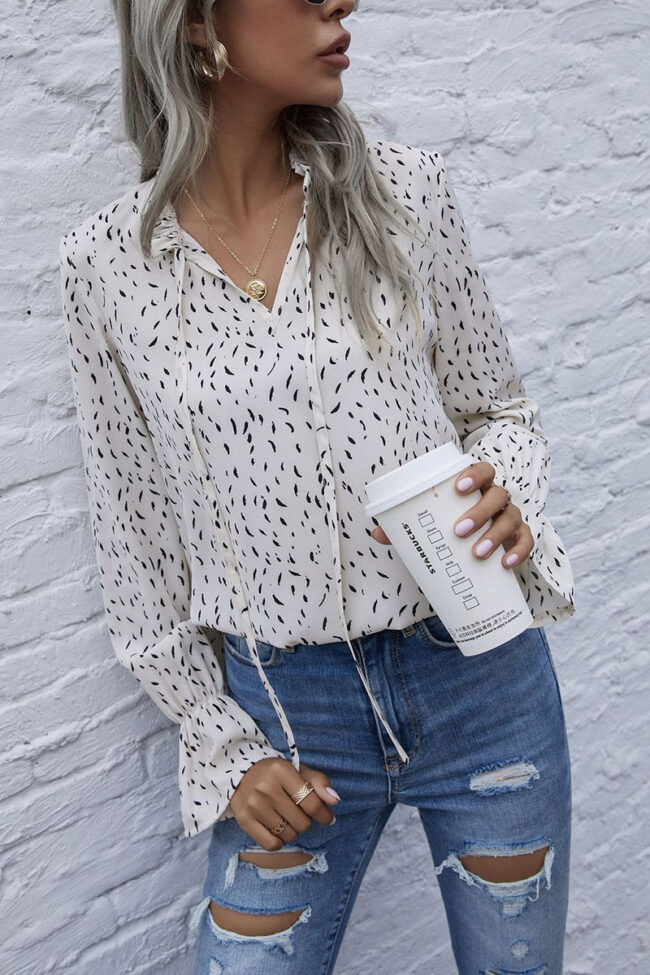 Fashion Casual Print Split Joint V Neck Tops