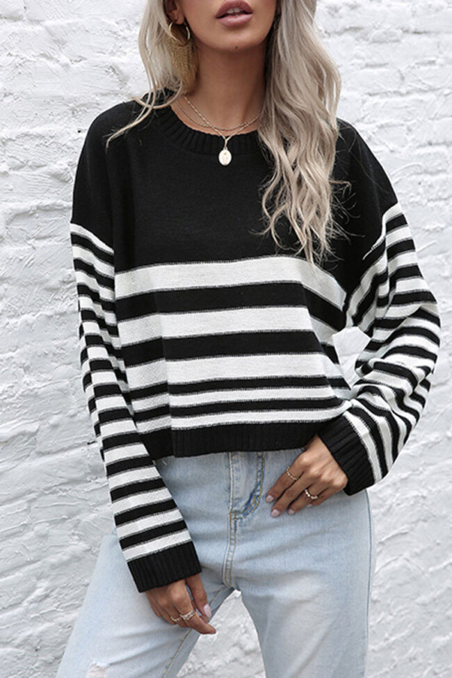 Fashion Street Striped Split Joint O Neck Tops