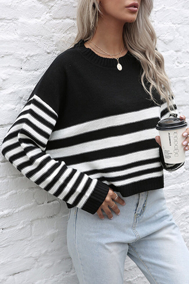 Fashion Street Striped Split Joint O Neck Tops