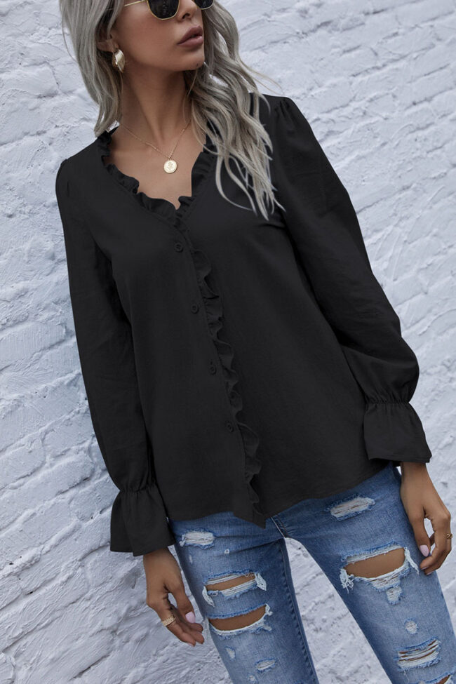 Fashion Casual Solid Split Joint V Neck Tops