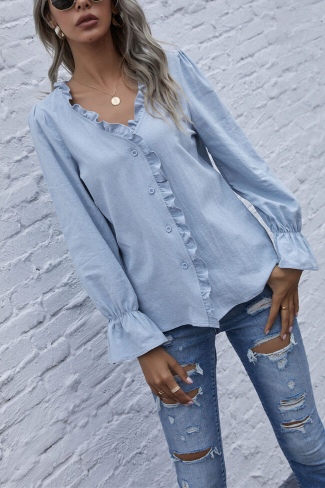 Fashion Casual Solid Split Joint V Neck Tops