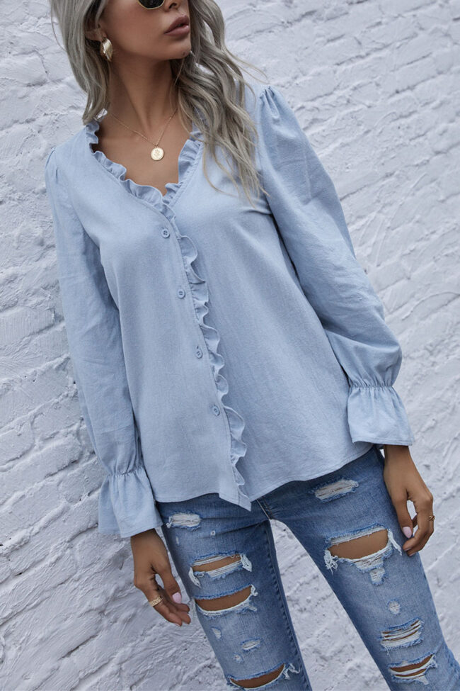 Fashion Casual Solid Split Joint V Neck Tops