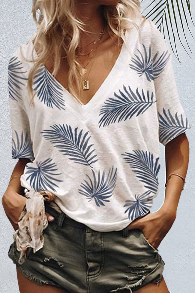 Fashion Casual Print V Neck Tops